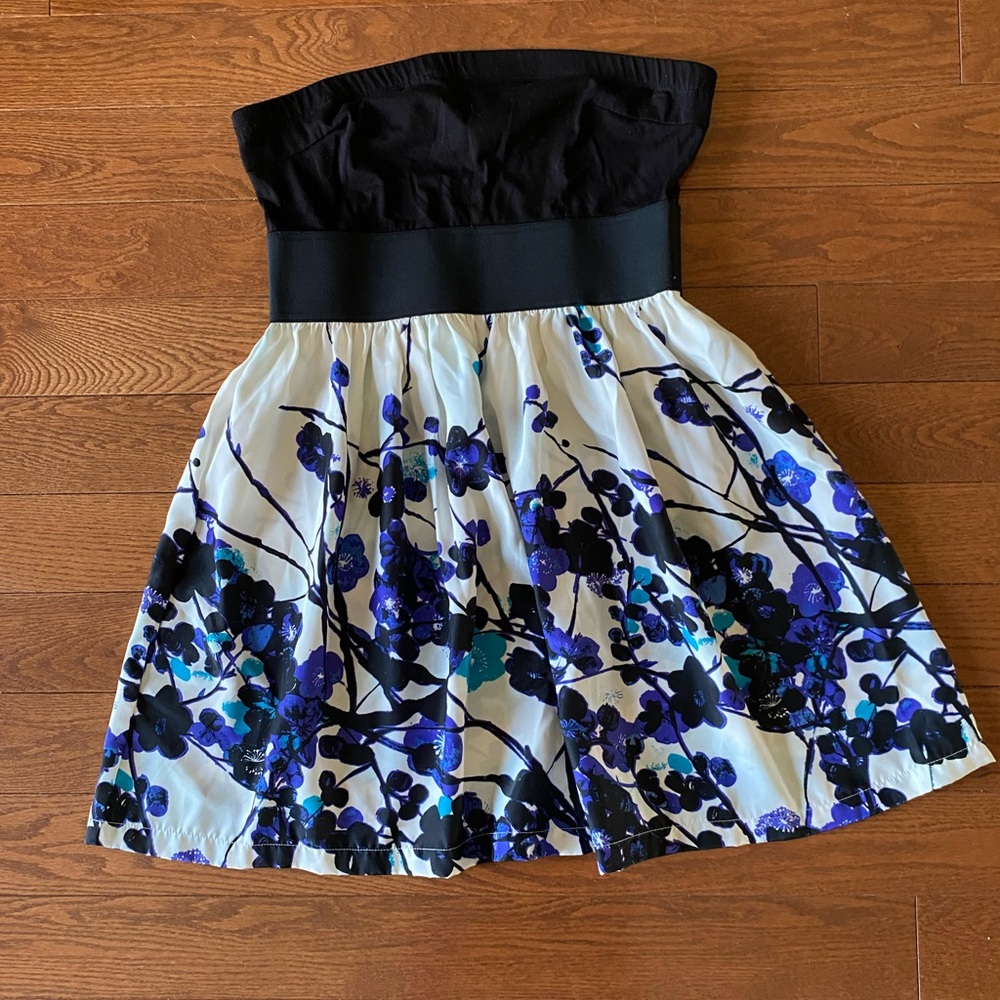 Floral Black and Blue Strapless Dress